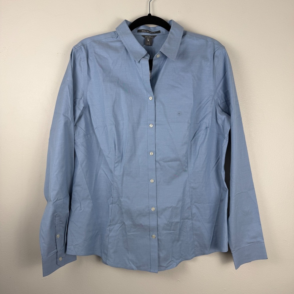 Eddie Bauer Shirt Women Large Blue Wrinkle Free Shaped Fit Long Sleeve Button-Up